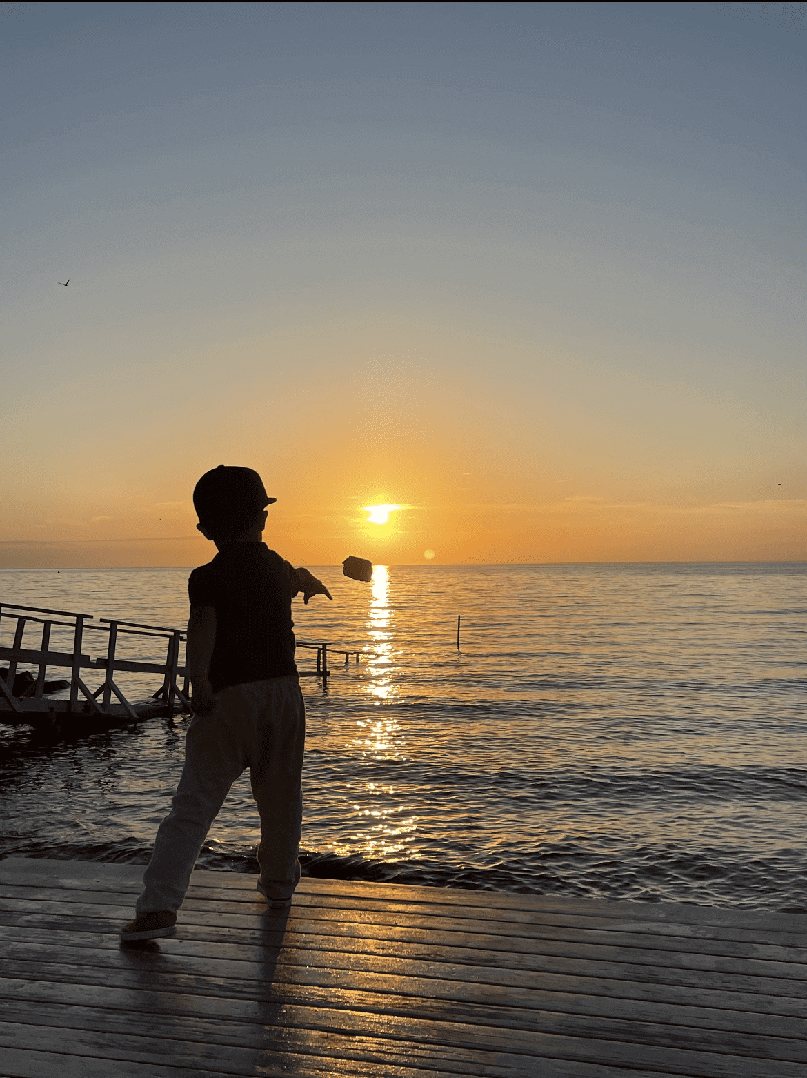A child standing on the beach at sunset.